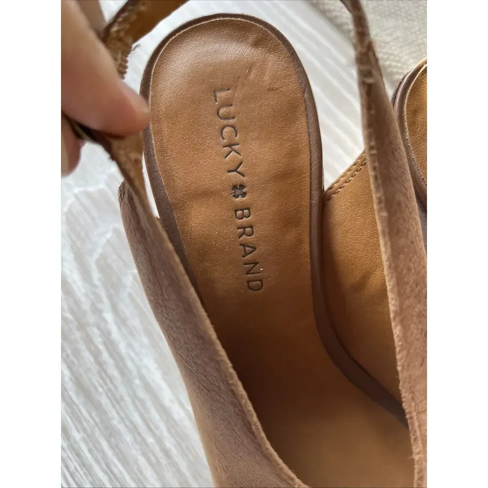 Lucky Brand Aroyli Leather slingback Shootie Boot Wood Stacked Heel Size 8 Brown